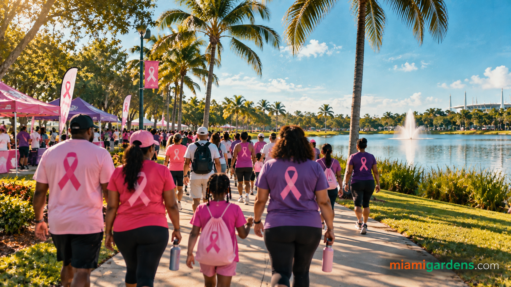 Families walking together in pink shirts at a community march in a Miami Gardens park