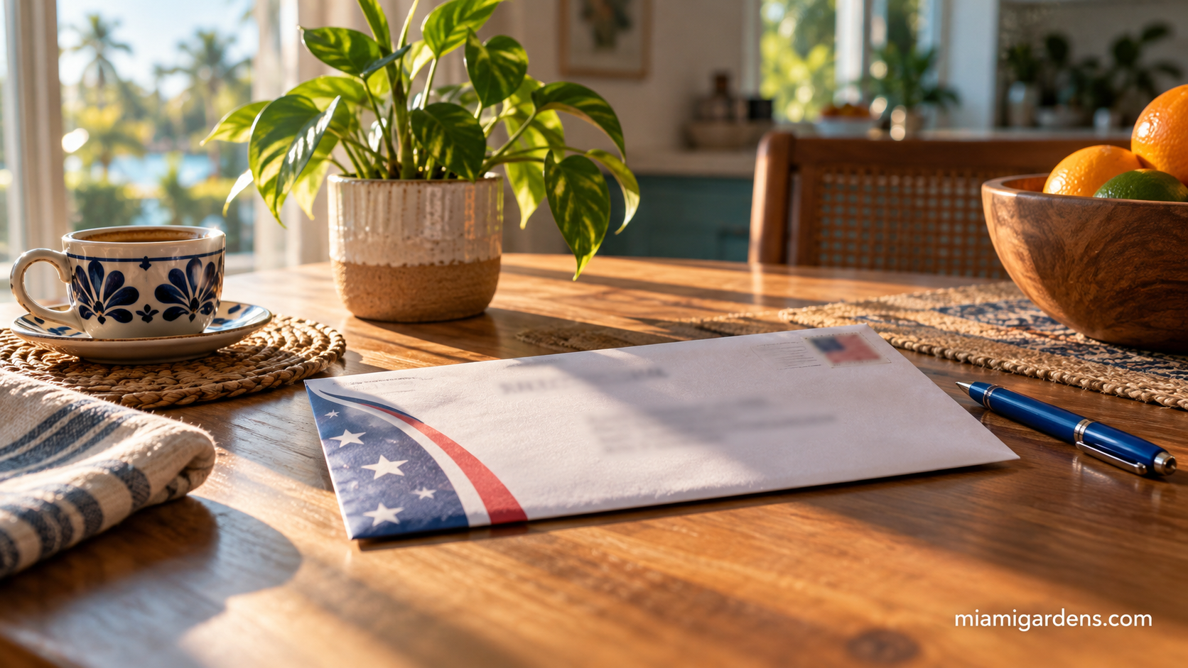 A mail ballot envelope on a kitchen table next to a pen